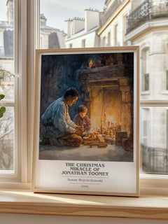 Christmas Miracle of Jonathan Toomey Book Cover Poster by Susan Wojciechowski – framed print by a bright window