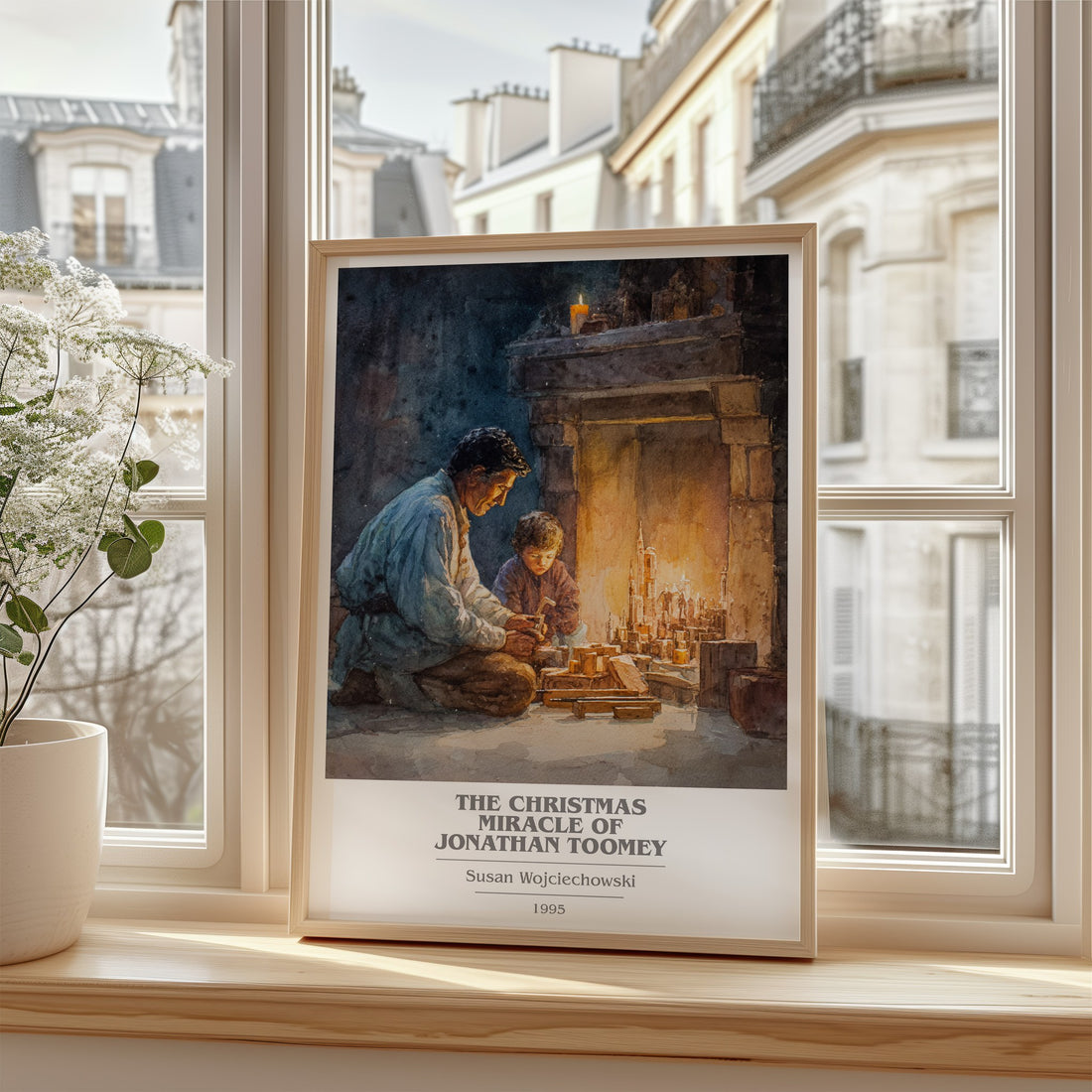 Christmas Miracle of Jonathan Toomey Book Cover Poster by Susan Wojciechowski – framed print by a bright window