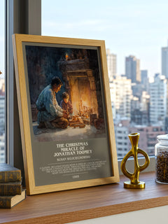 Christmas Miracle of Jonathan Toomey Bookish Wall Art – S. – framed print on a city-view windowsill