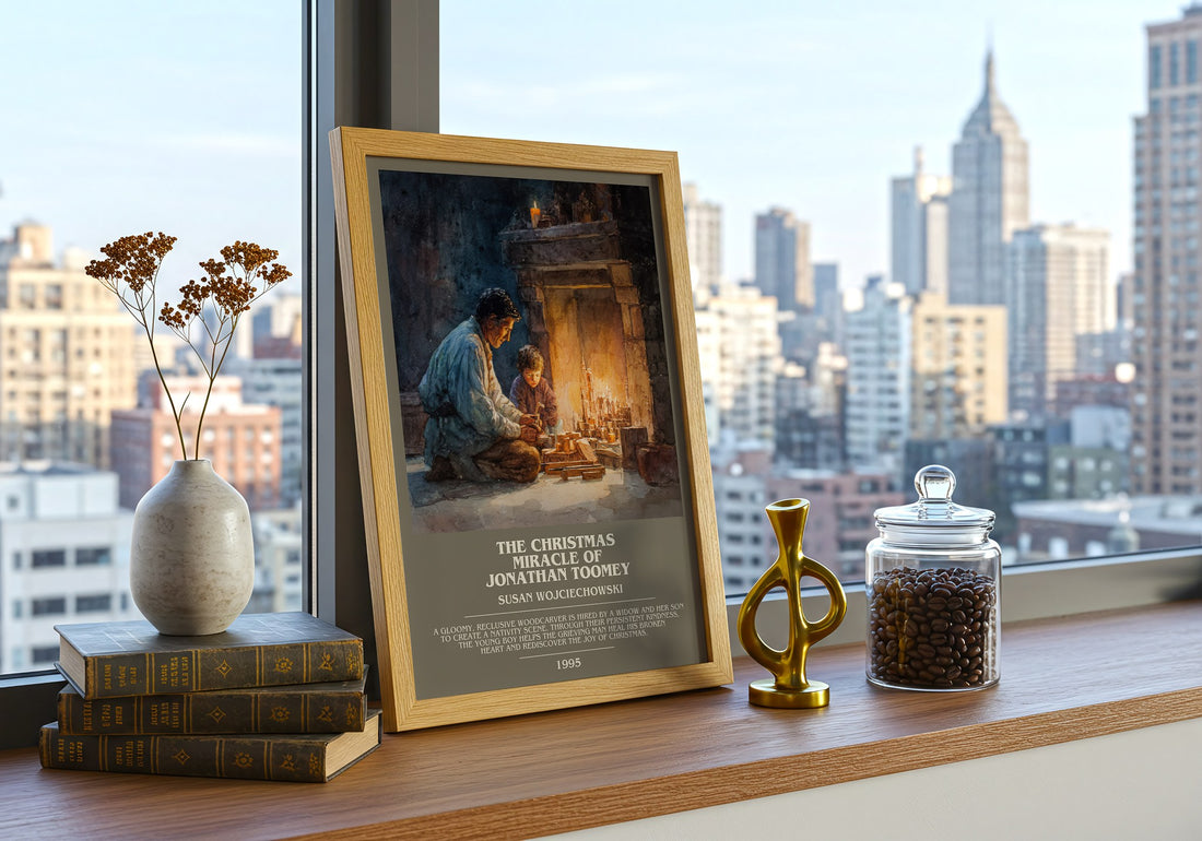 Christmas Miracle of Jonathan Toomey Bookish Wall Art – S. – framed print on a city-view windowsill