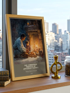 Christmas Miracle of Jonathan Toomey Book Cover Poster by Susan Wojciechowski – framed print on a city-view windowsill