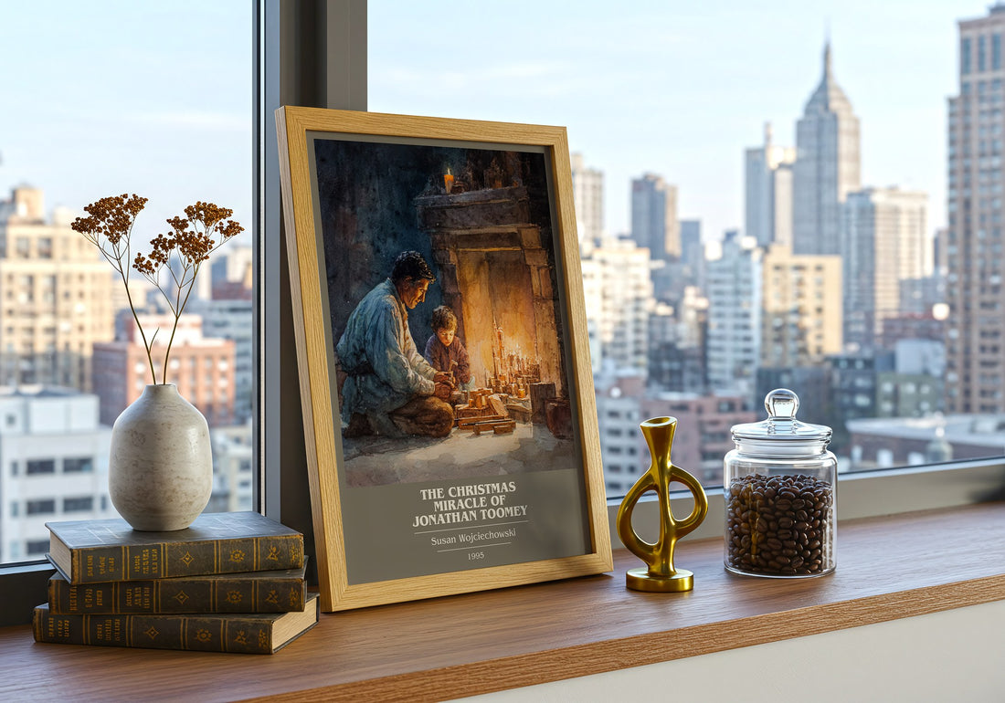 Christmas Miracle of Jonathan Toomey Book Cover Poster by Susan Wojciechowski – framed print on a city-view windowsill