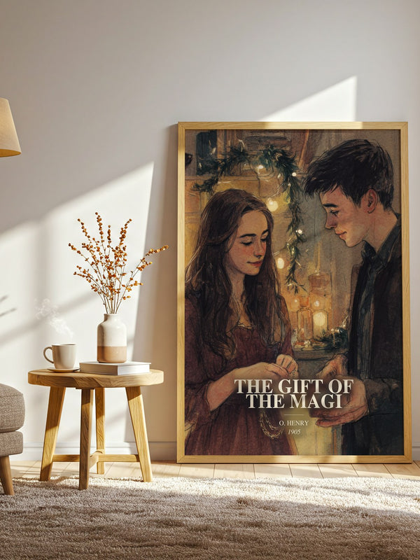 The Gift Of The Magi watercolour print in frame leaning in hallway – classic literature wall art
