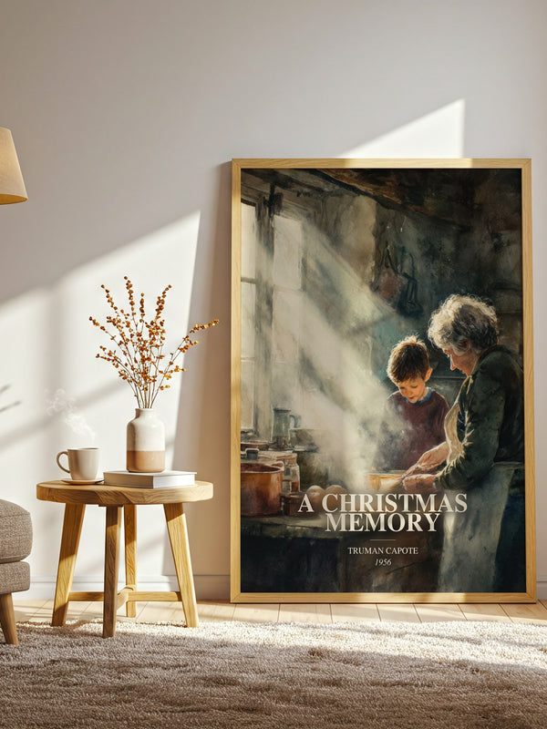 A Christmas Memory watercolour print in frame leaning in hallway – literary fiction wall art
