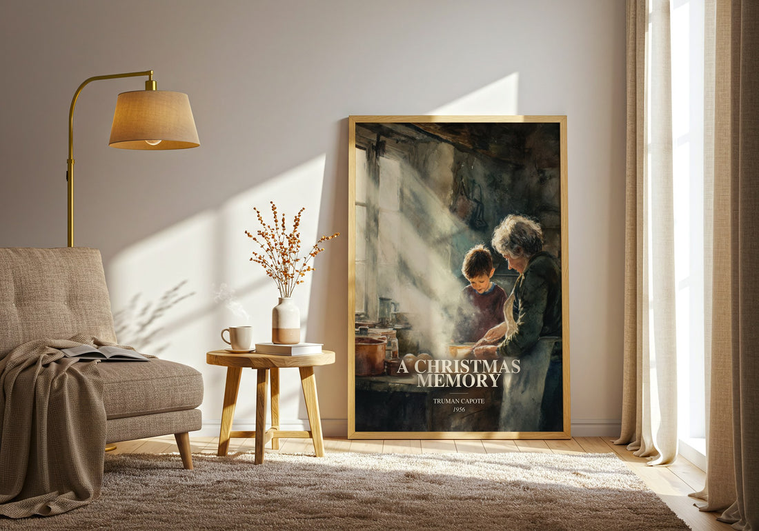 A Christmas Memory watercolour print in frame leaning in hallway – literary fiction wall art (mockup)