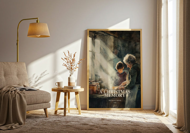 A Christmas Memory watercolour print in frame leaning in hallway – literary fiction wall art