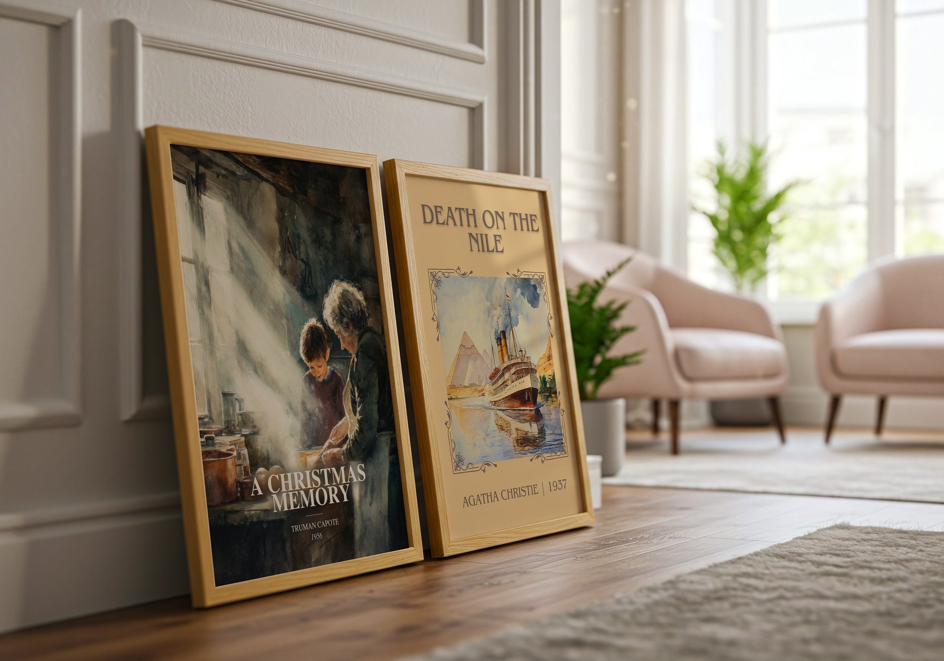 A Christmas Memory watercolour print framed by window – literary home decor