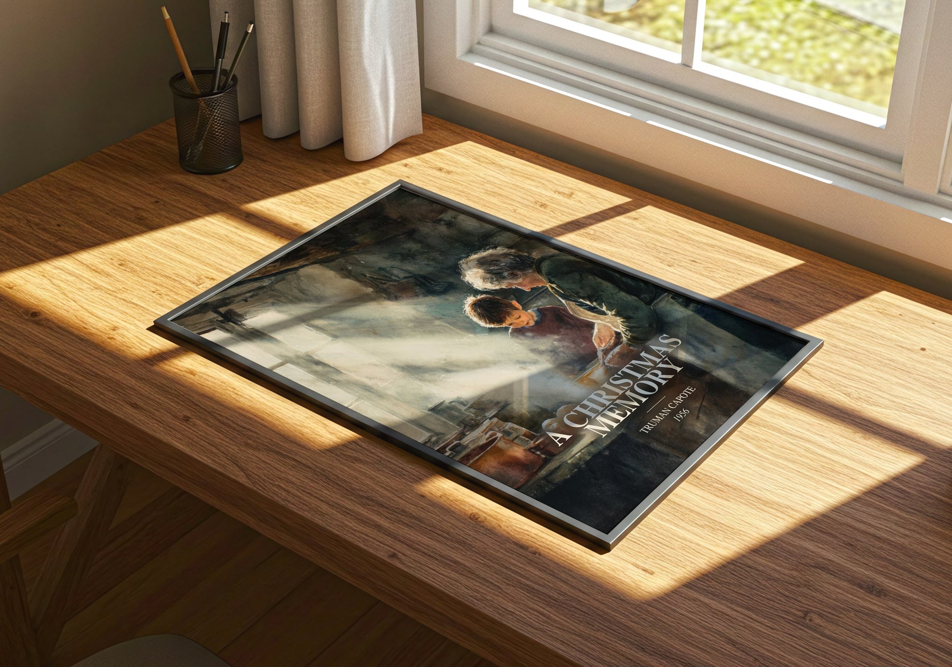 A Christmas Memory watercolour book poster framed on wall – literary fiction wall art