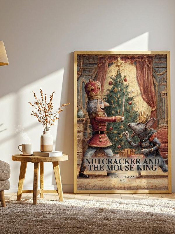 Nutcracker And The Mouse King watercolour print in frame leaning in hallway – childrens wall art