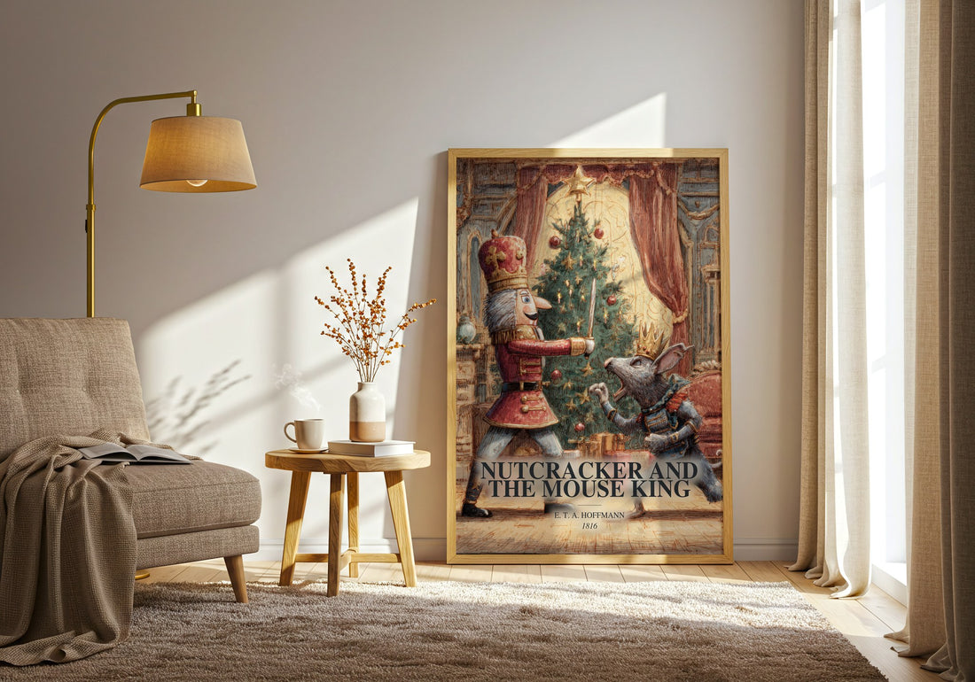 Nutcracker And The Mouse King watercolour print in frame leaning in hallway – childrens wall art (mockup)