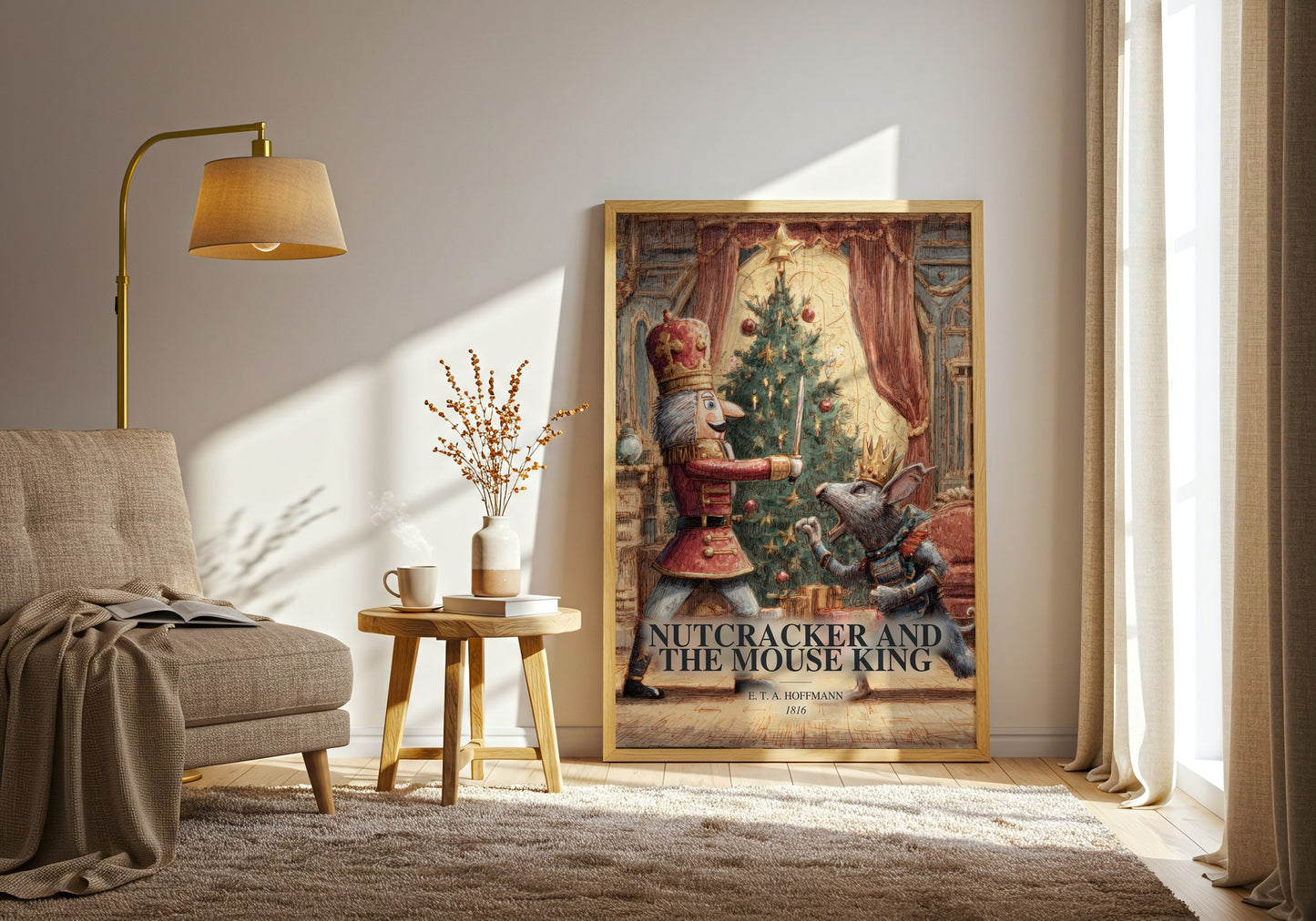 Nutcracker And The Mouse King watercolour print in frame leaning in hallway – childrens wall art