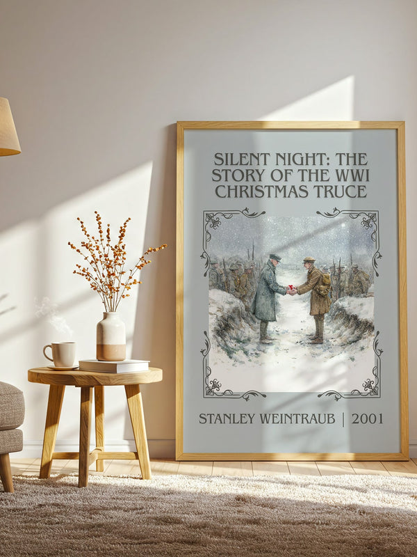 Silent Night: The Story of the World War I Christmas Truce classic book art print in frame leaning in hallway – non fiction