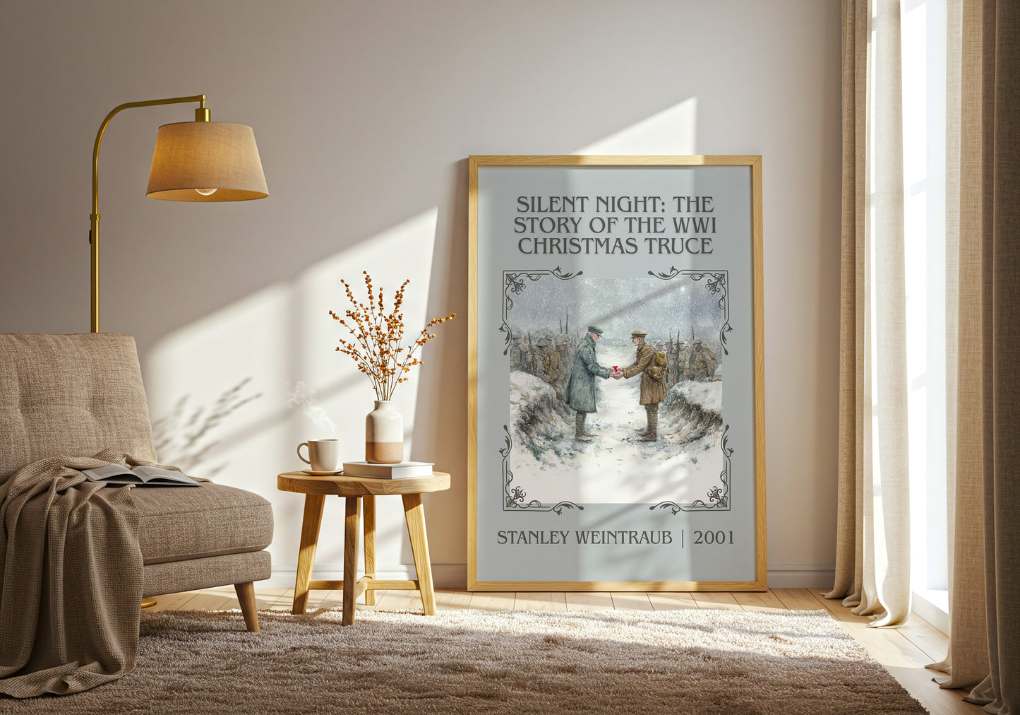 Silent Night: The Story of the World War I Christmas Truce classic book art print in frame leaning in hallway – non fiction