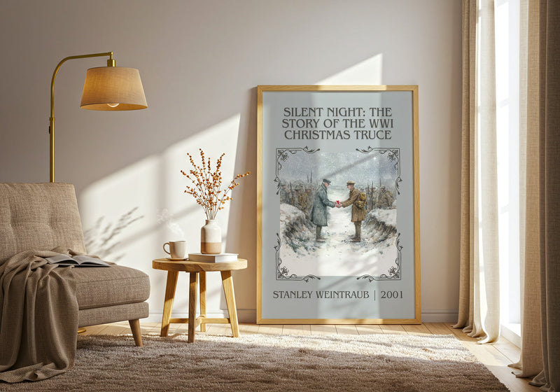 Silent Night: The Story of the World War I Christmas Truce classic book art print in frame leaning in hallway – non fiction
