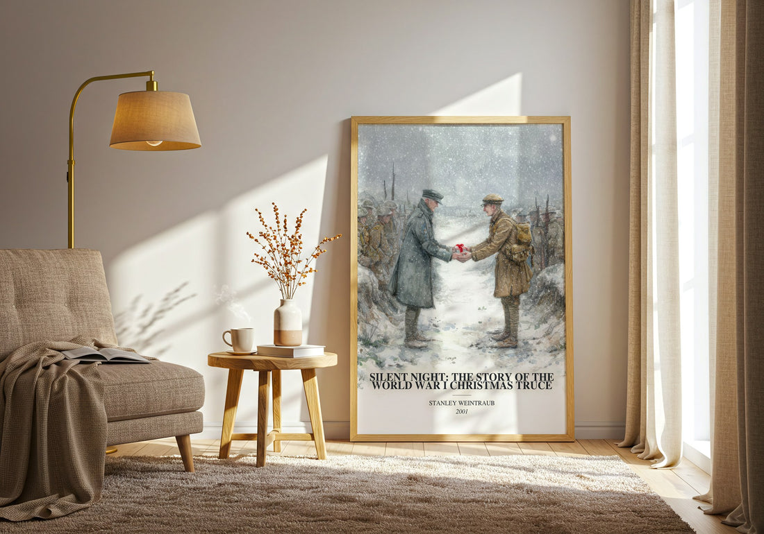 Silent Night: The Story Of The World War I Christmas Truce watercolour print in frame leaning in hallway – non fiction wall (mockup)