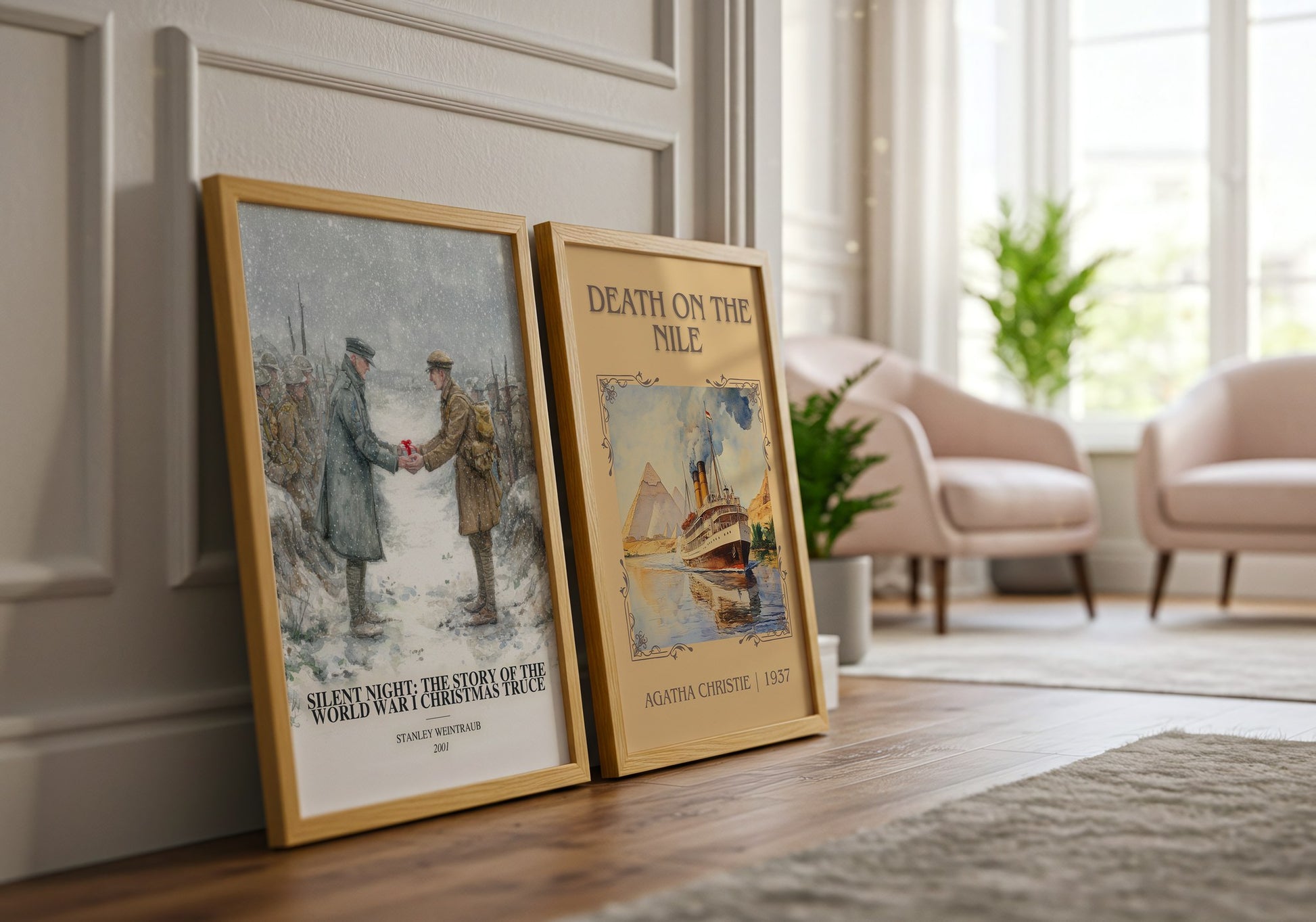 Silent Night: The Story Of The World War I Christmas Truce watercolour print framed by window – literary home decor