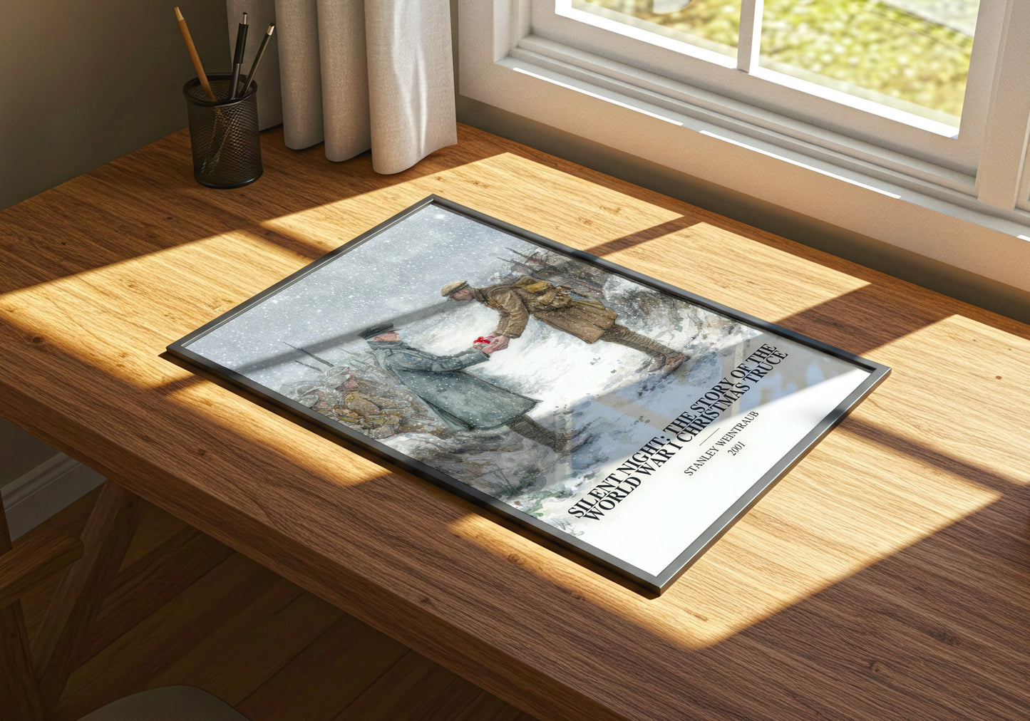Silent Night: The Story Of The World War I Christmas Truce watercolour book poster framed on wall – non fiction wall art