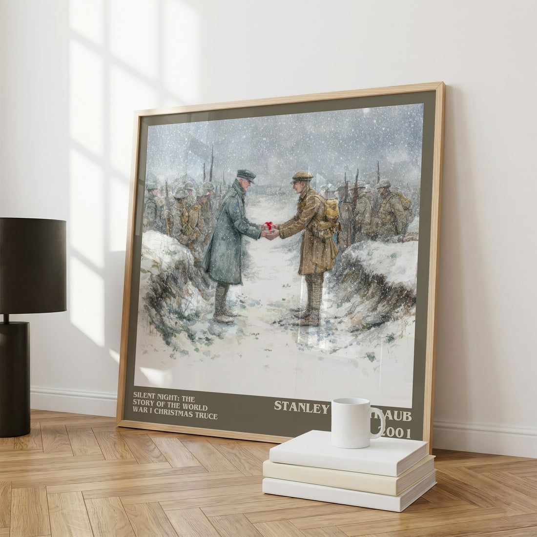 Silent Night: The Story Of The World War I Christmas Truce Literary Art Print by Stanley Weintraub – large square framed print leaning against a wall