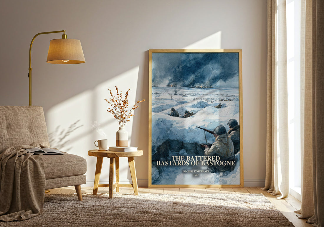 The Battered Bastards Of Bastogne watercolour print in frame leaning in hallway – non fiction wall art (mockup)