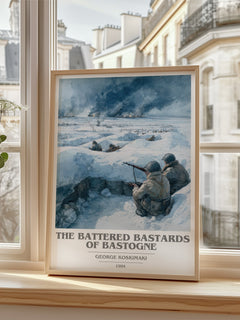 Battered Bastards Of Bastogne Book Cover Poster by George Koskimaki – framed print by a bright window