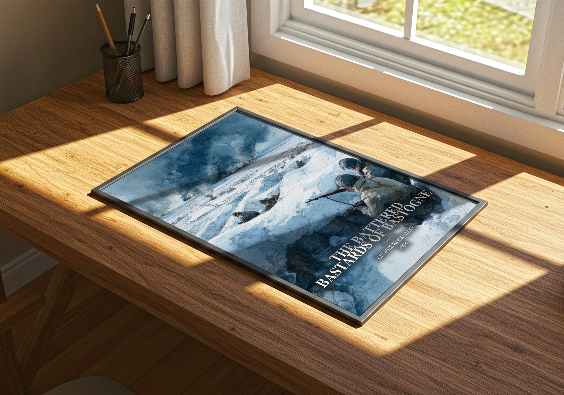 The Battered Bastards Of Bastogne watercolour book poster framed on wall – non fiction wall art