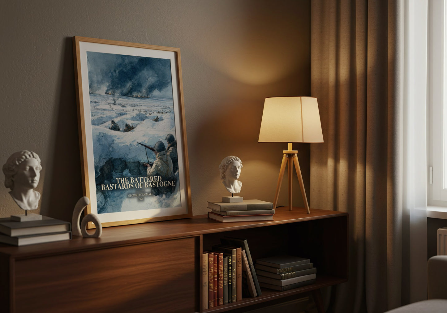 The Battered Bastards Of Bastogne watercolour print on bookshelf – George Koskimaki fan gift
