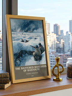 Battered Bastards Of Bastogne Book Cover Poster by George Koskimaki – framed print on a city-view windowsill