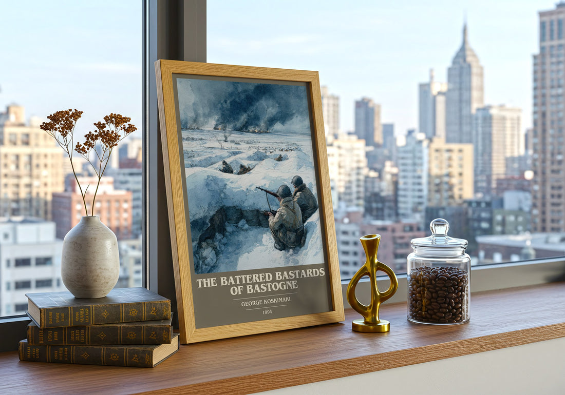 Battered Bastards Of Bastogne Book Cover Poster by George Koskimaki – framed print on a city-view windowsill