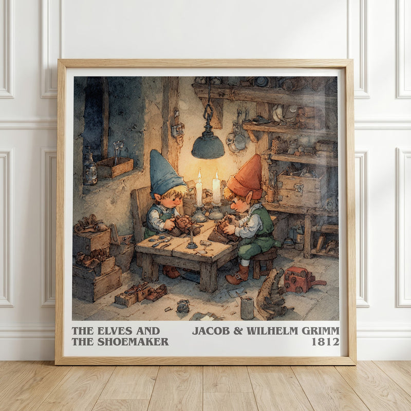 The Elves and the Shoemaker literary print in frame leaning in hallway – childrens wall art