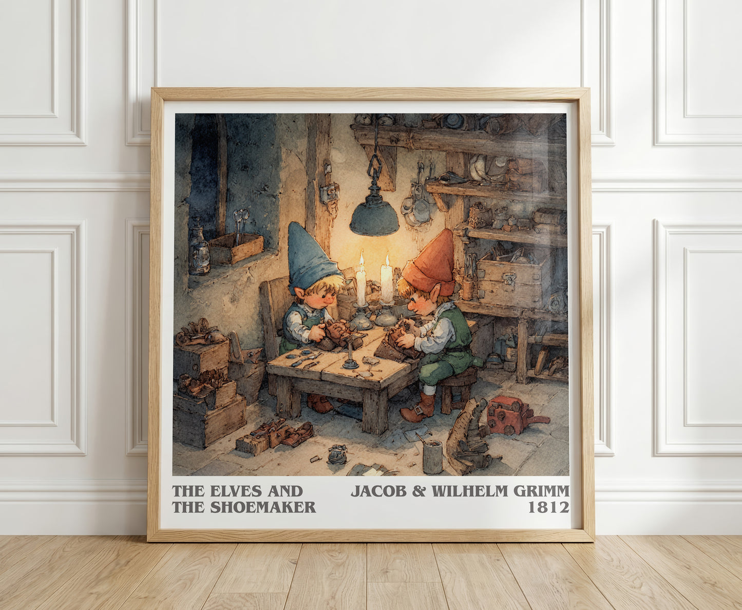 The Elves and the Shoemaker literary print in frame leaning in hallway – childrens wall art