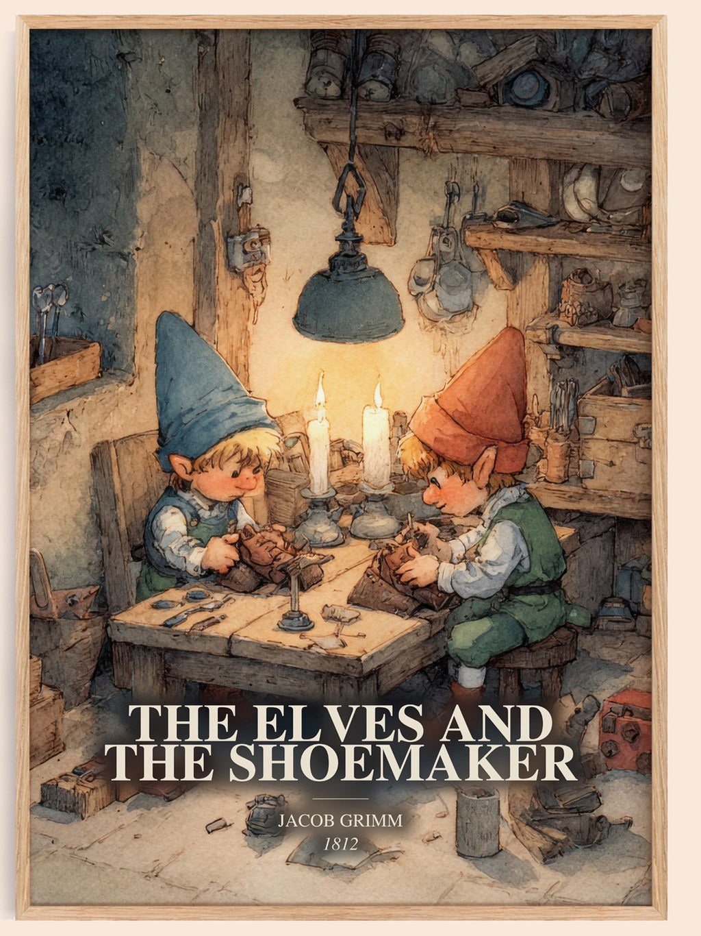 The Elves And The Shoemaker watercolour book poster by Jacob Grimm – framed literary art print