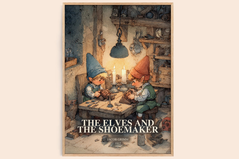 The Elves And The Shoemaker watercolour book poster by Jacob Grimm – framed literary art print