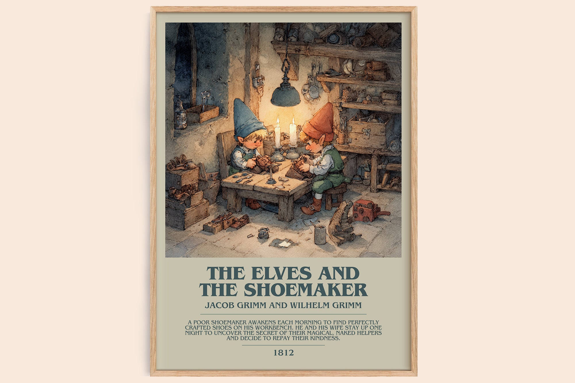 The Elves and the Shoemaker bookish book poster by Jacob Grimm – framed literary art print