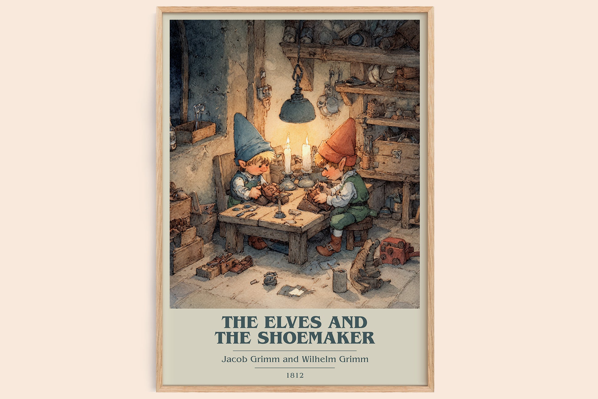 The Elves and the Shoemaker book cover book poster by Jacob Grimm – framed literary art print