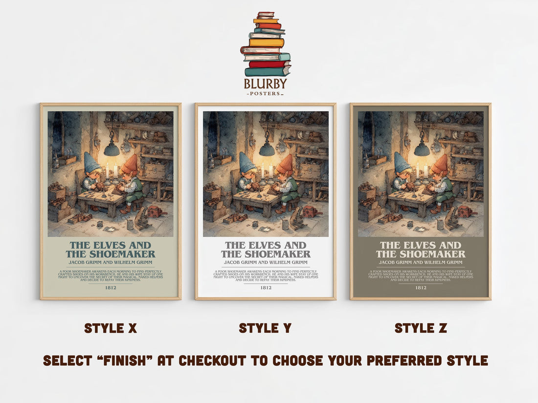 The Elves and the Shoemaker bookish print in frame leaning in hallway – childrens wall art (mockup)