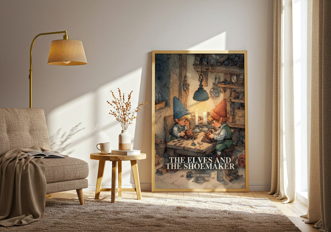 The Elves And The Shoemaker watercolour print in frame leaning in hallway – childrens wall art (mockup)