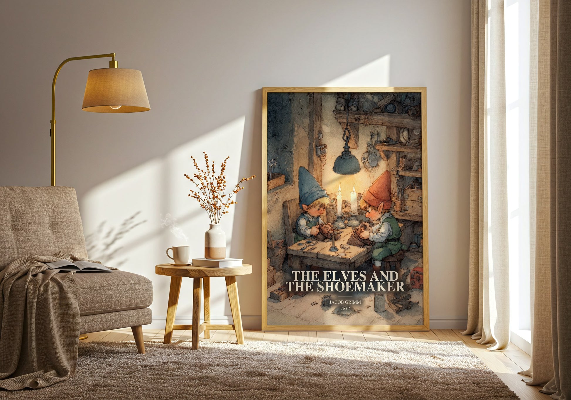 The Elves And The Shoemaker watercolour print in frame leaning in hallway – childrens wall art
