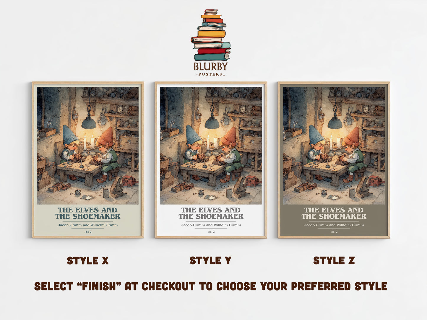The Elves and the Shoemaker book cover print in frame leaning in hallway – childrens wall art