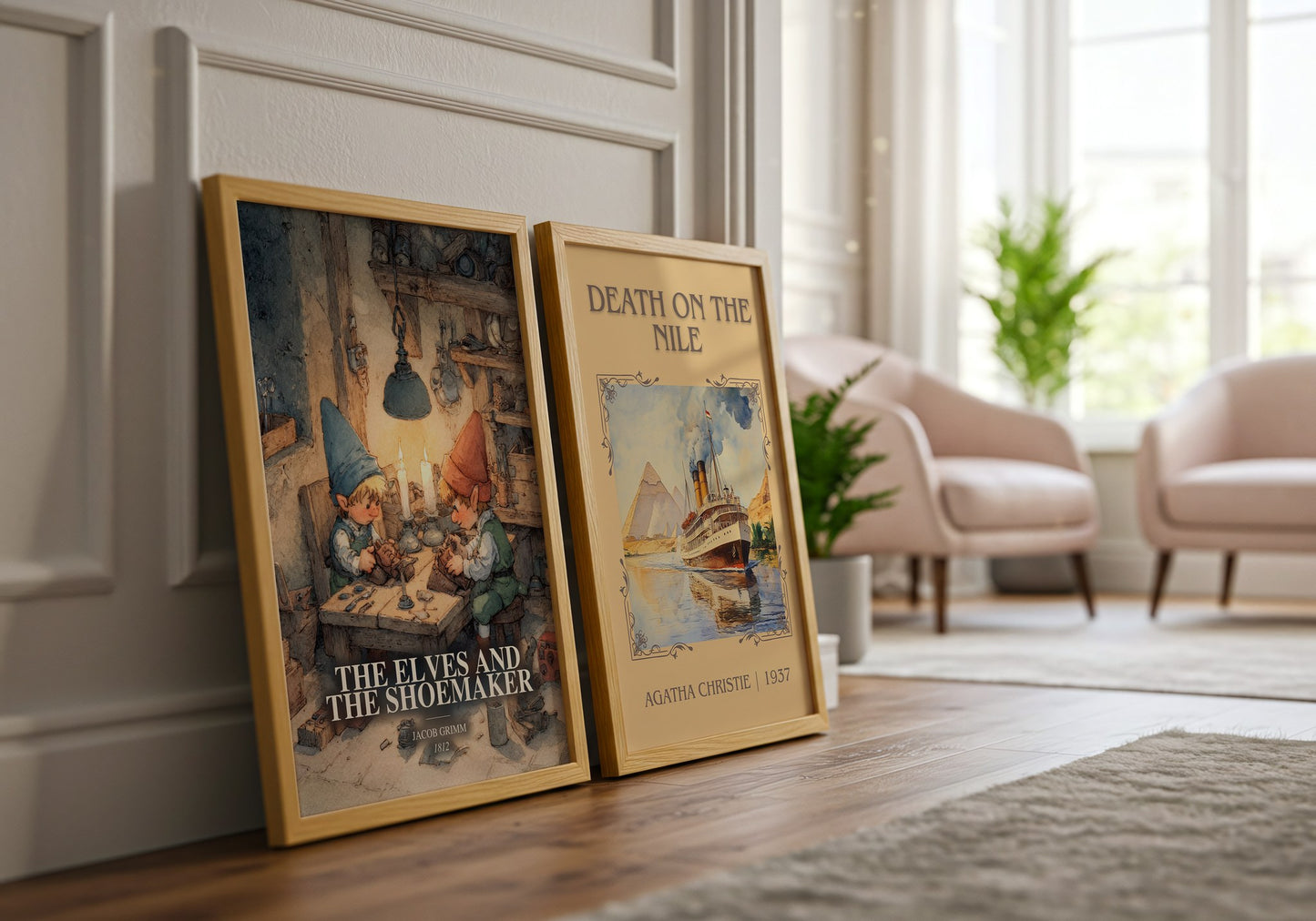 The Elves And The Shoemaker watercolour print framed by window – literary home decor