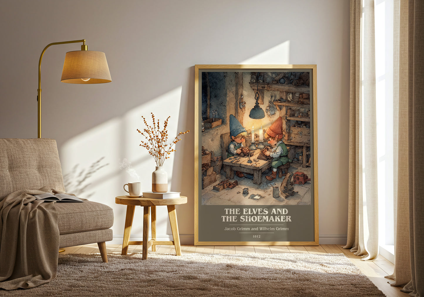 The Elves and the Shoemaker book cover print framed by window – literary home decor