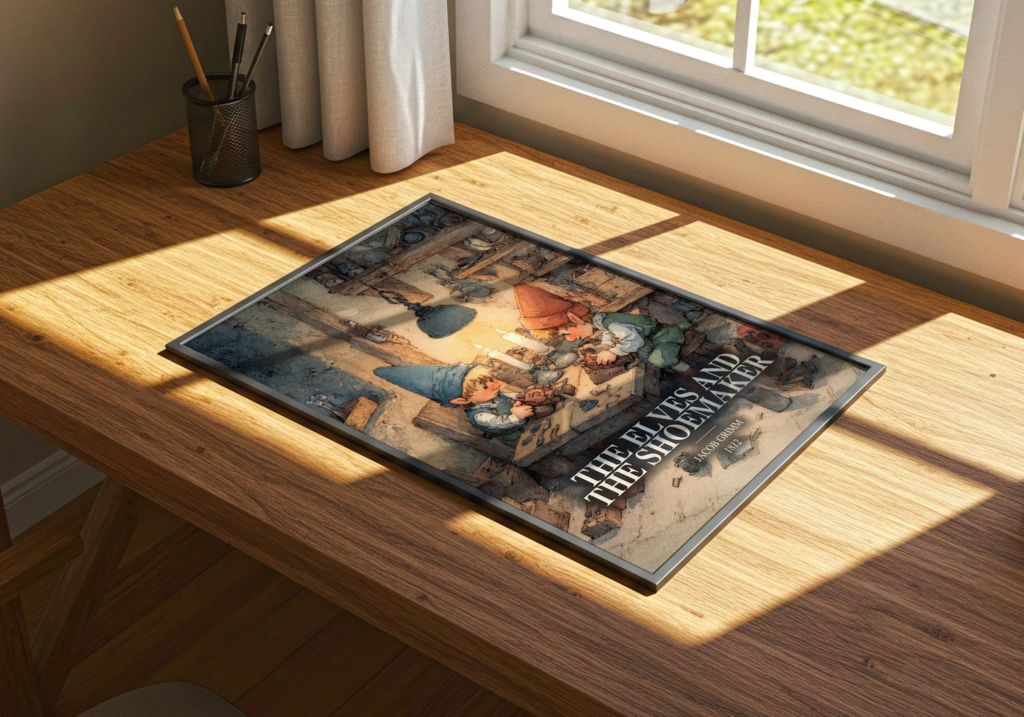 The Elves And The Shoemaker watercolour book poster framed on wall – childrens wall art
