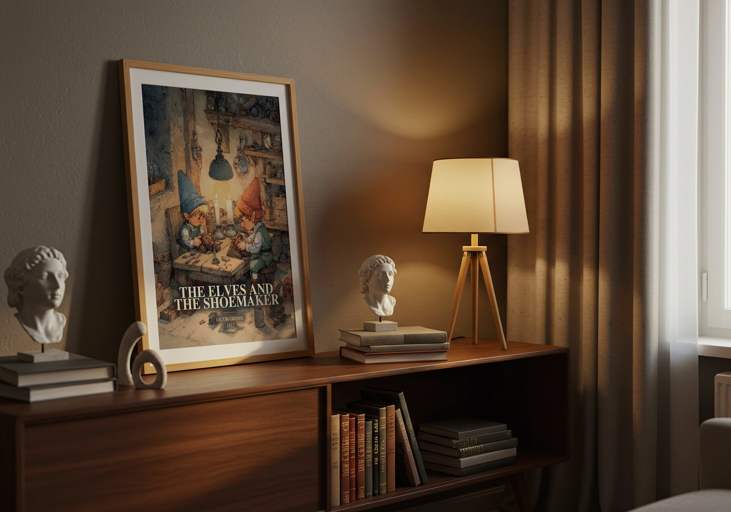 The Elves And The Shoemaker watercolour print on bookshelf – Jacob Grimm fan gift