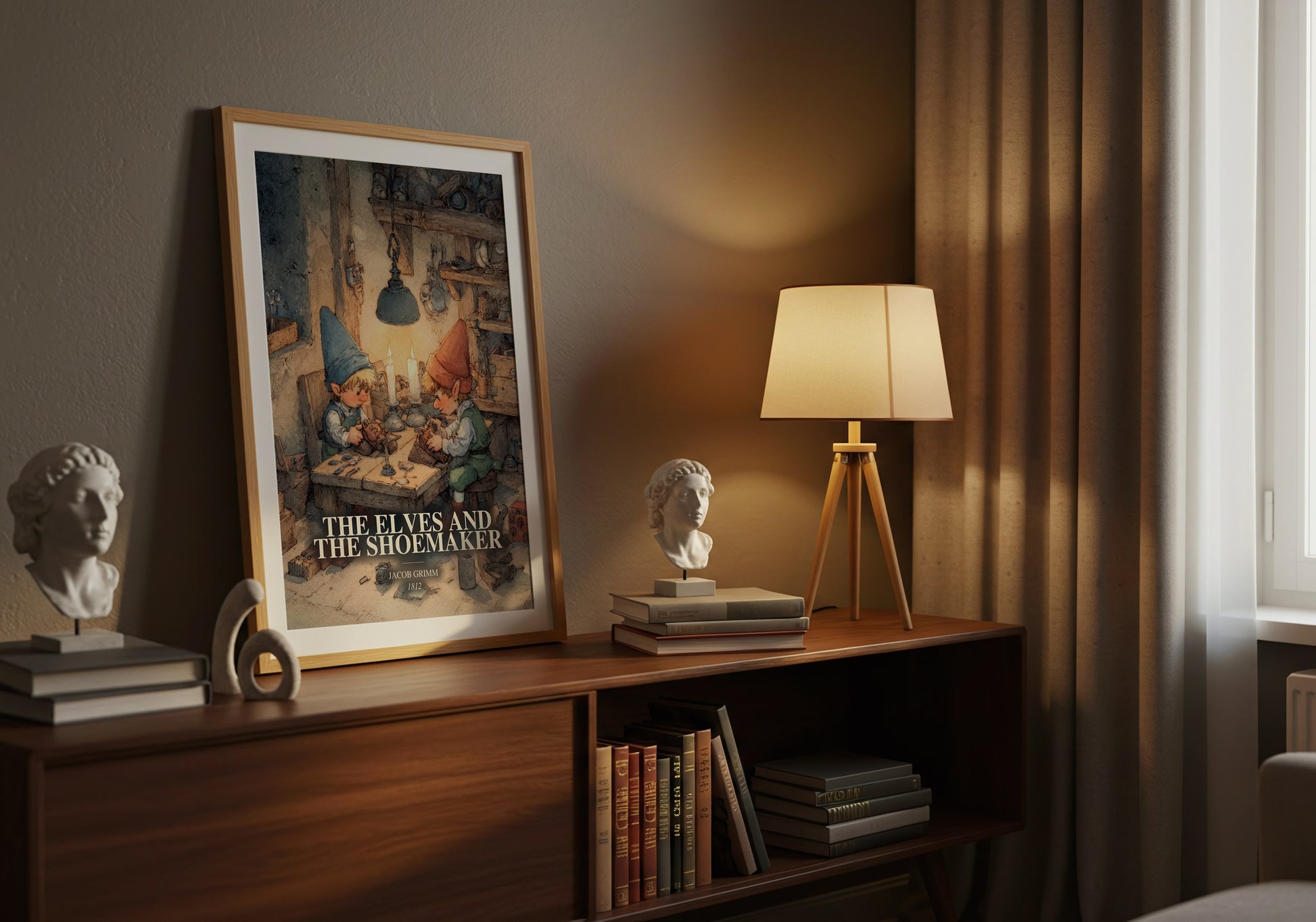 The Elves And The Shoemaker watercolour print on bookshelf – Jacob Grimm fan gift