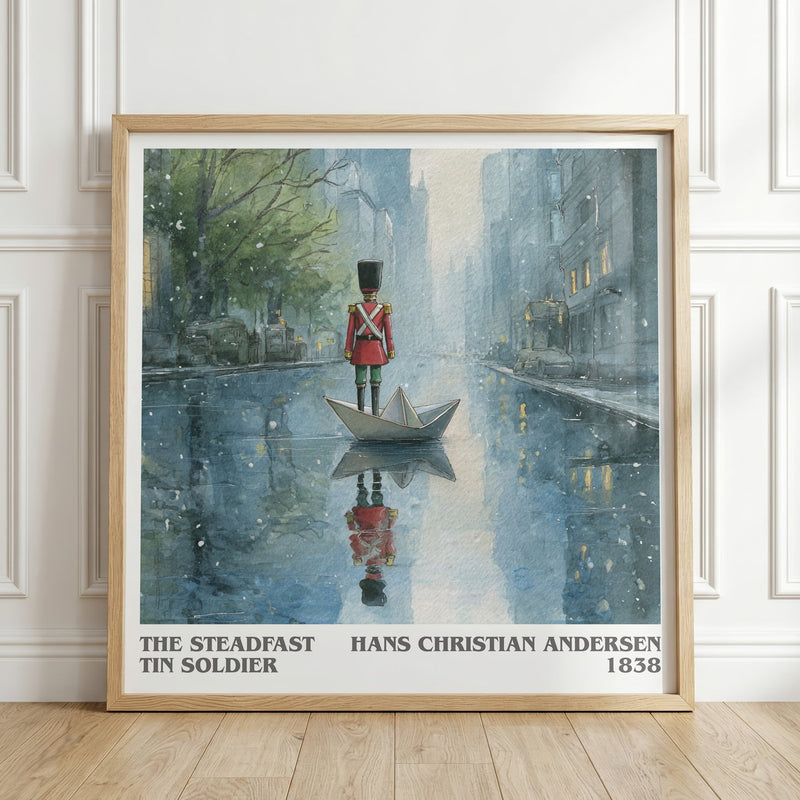 The Steadfast Tin Soldier literary print in frame leaning in hallway – childrens wall art