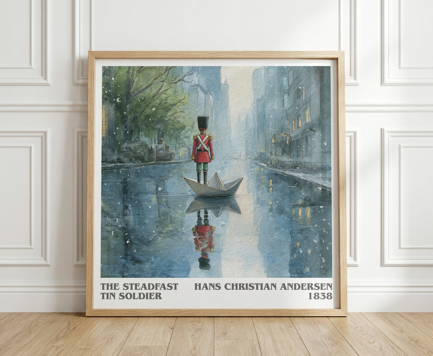 The Steadfast Tin Soldier literary print in frame leaning in hallway – childrens wall art