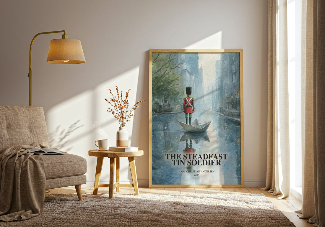 The Steadfast Tin Soldier watercolour print in frame leaning in hallway – childrens wall art (mockup)