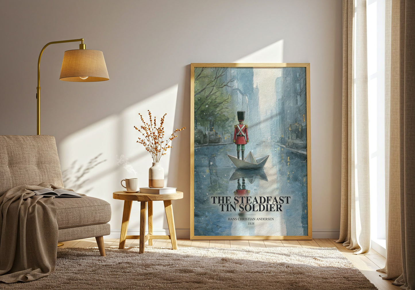 The Steadfast Tin Soldier watercolour print in frame leaning in hallway – childrens wall art
