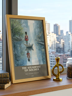 The Steadfast Tin Soldier Book Cover Poster by Hans Christian Andersen – framed print on a city-view windowsill