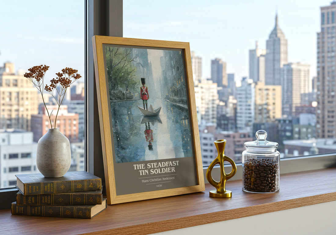 The Steadfast Tin Soldier Book Cover Poster by Hans Christian Andersen – framed print on a city-view windowsill