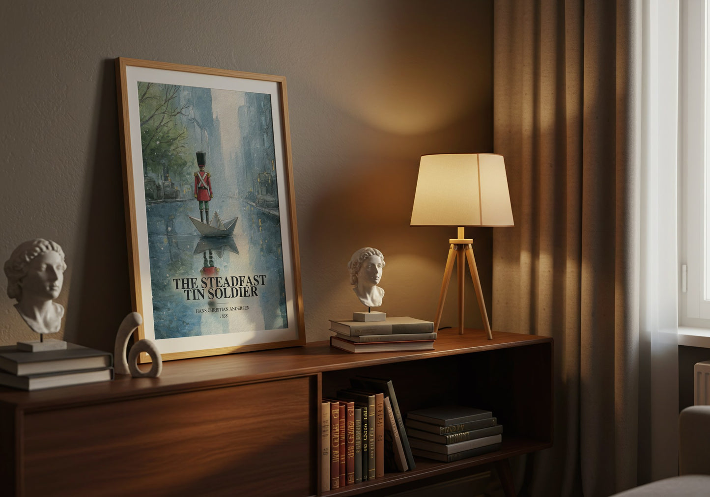 The Steadfast Tin Soldier watercolour print on bookshelf – Hans Christian Andersen fan gift